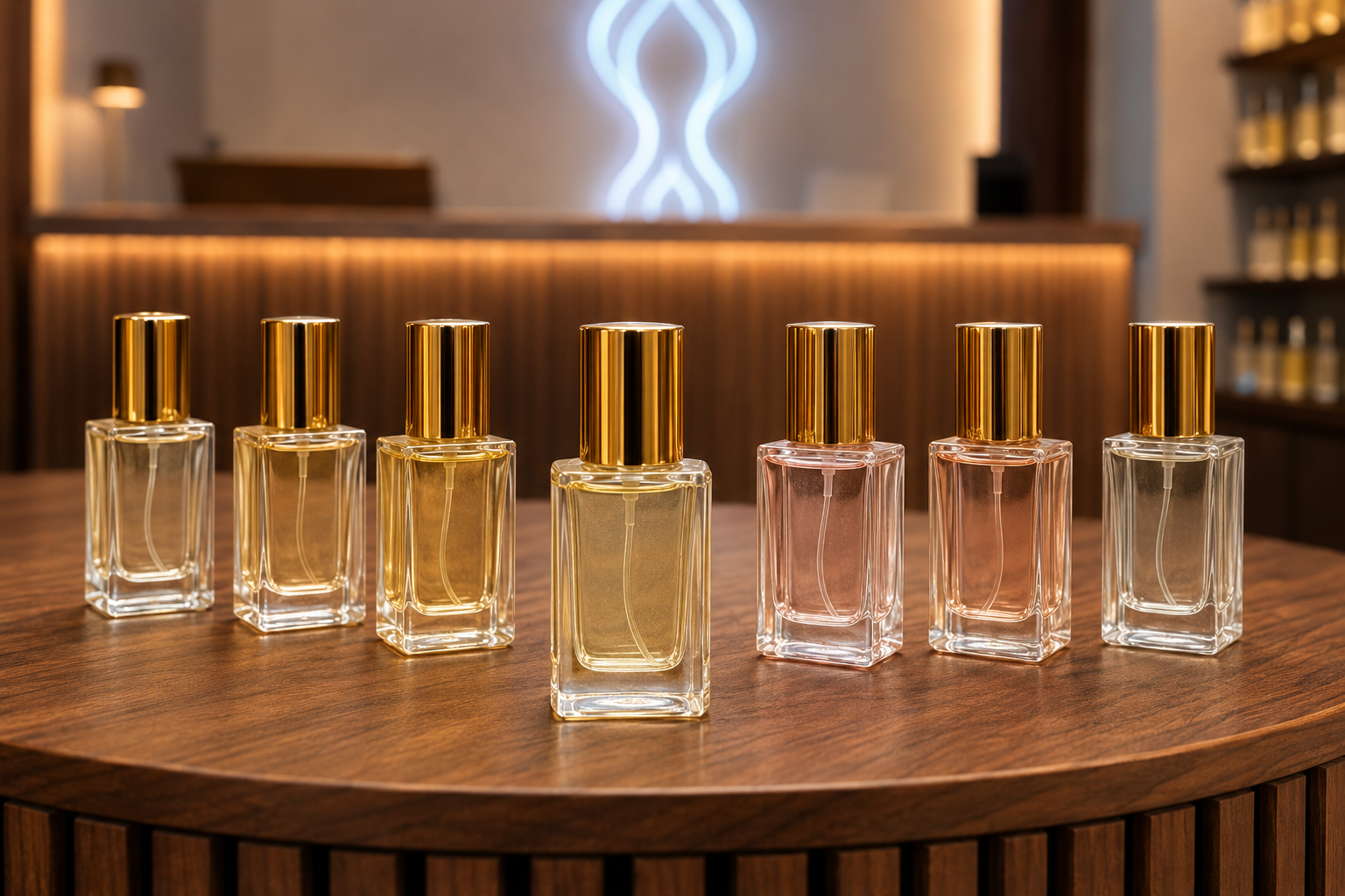 Kleine parfumflesjes op houten toonbank